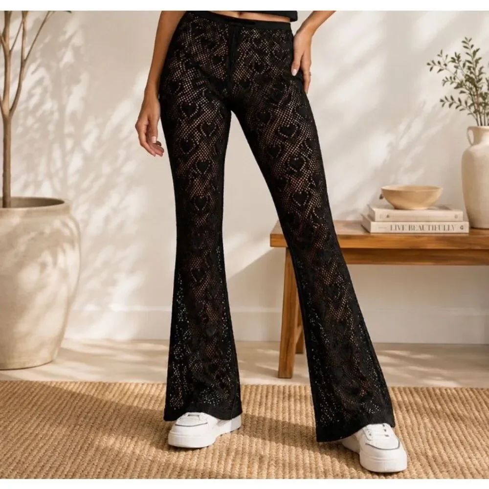 I.AM.GIA Black Crochet Mesh Flare Pants Y2K Festival Cover Up Size M